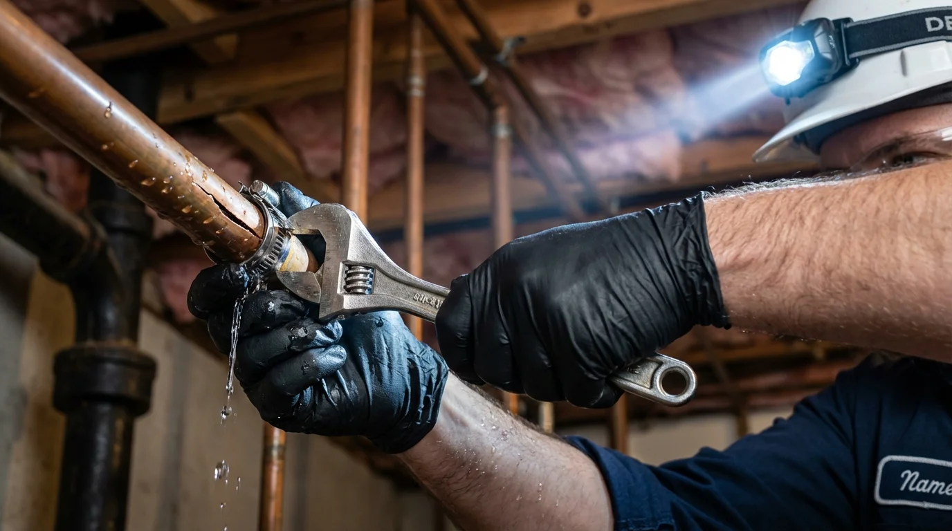 Emergency pipe clamp repair being performed by a Johns Plumbing LLC plumber in El Cajon